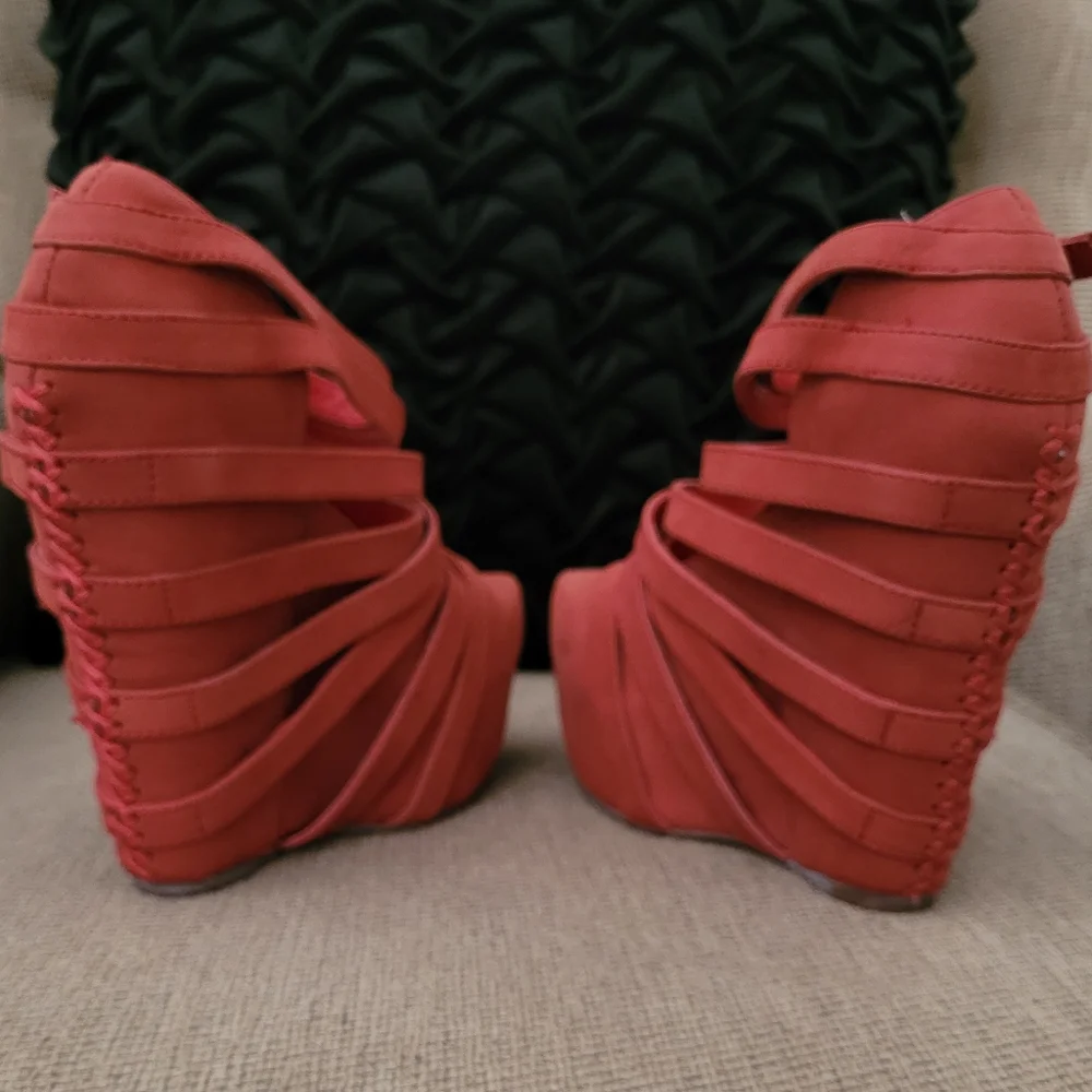 JEFFREY CAMPBELL ZIP 2 BRICK RED SUEDE PLATFORM WEDGES